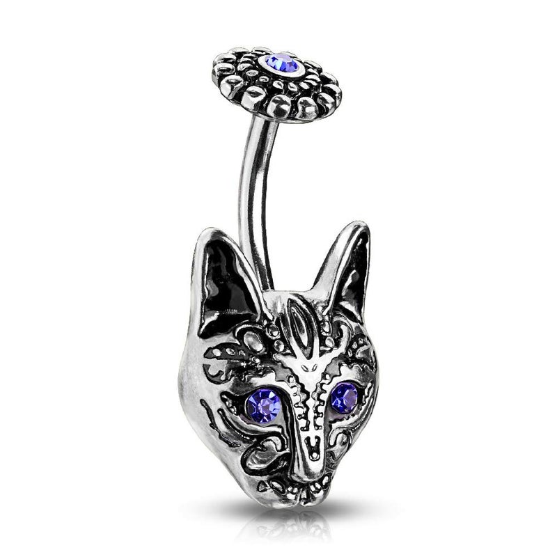 Pierced Owl Blue Eyed Tribal Cat Belly Button Ring in 316L Stainless Steel (Antique Silver Plated) - Image 5