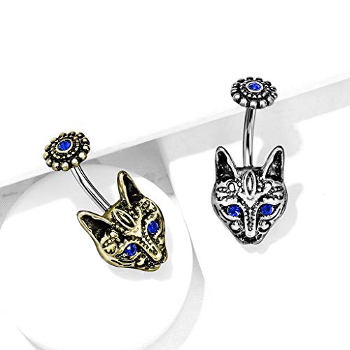 Pierced Owl Blue Eyed Tribal Cat Belly Button Ring in 316L Stainless Steel (Antique Silver Plated) - Image 3
