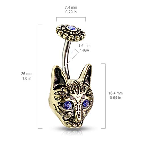 Pierced Owl Blue Eyed Tribal Cat Belly Button Ring in 316L Stainless Steel (Antique Silver Plated) - Image 2
