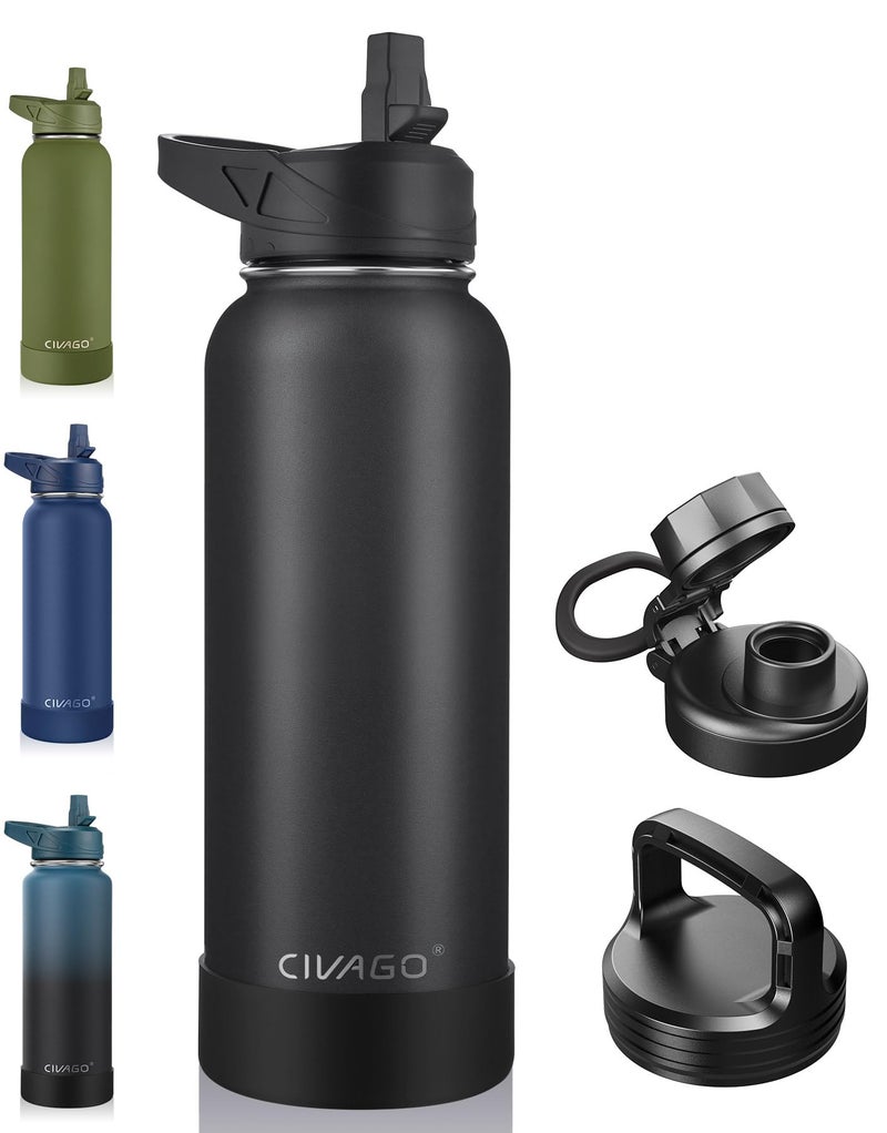 CIVAGO 40 oz Insulated Water Bottle With Straw Stainless Steel Sports Water Cup Flask with 3 Lids Straw Spout and Handle Lid Double Walled Travel Thermal Canteen Mug Midnight Black