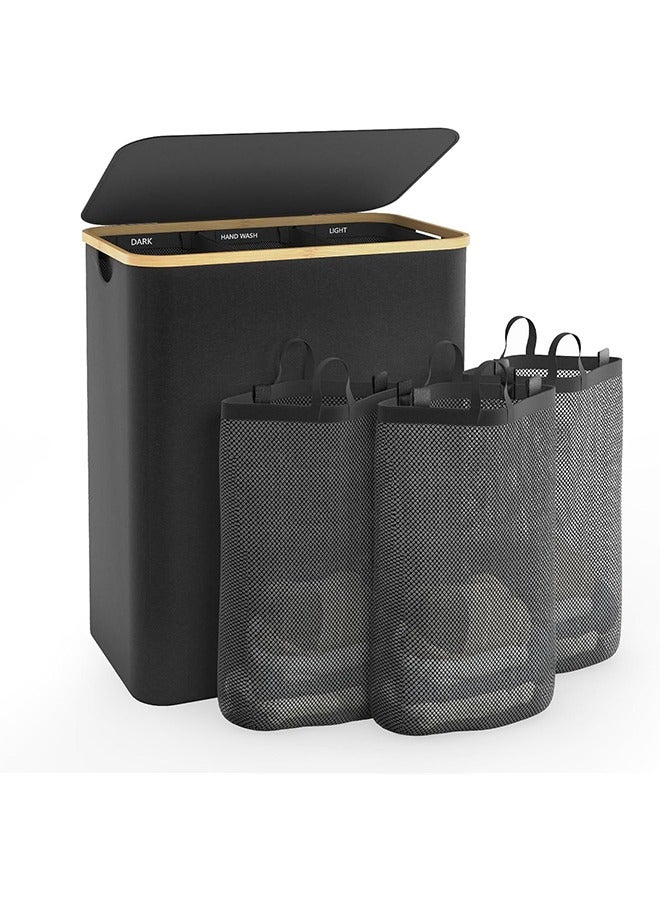 Beauenty Laundry Basket with Lid  3 Section Extra Large Laundry Hamper  Divided Laundry Hamper with Removable Bags  for Bathroom, Bedroom(Black  140L  3 Section)  - Image 1