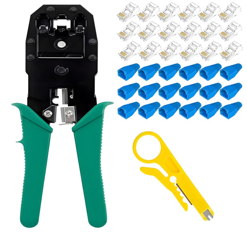 XIKKART Crimping Tool | Rj45 Rj11 Crimping Tool Kit, Ethernet Crimp Tool, 30Pcs CAT5 CAT5e Cat6 Connectors, 30PCS Boot Covers, 1 Network Cable Wire Stripper And Cutter, Combo Set (Multicolor) - Image 1