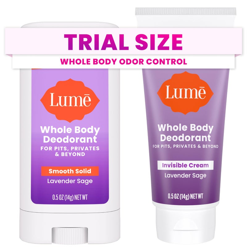 Lume Whole Body Deodorant - Invisible Cream + Solid Stick Mini Bundle - 72 Hour Odor Control - Aluminum & Baking Soda Free, Skin Loving - 0.5 Ounce Each - Travel, Trial Size Minis (Lavender Sage) - Image 1
