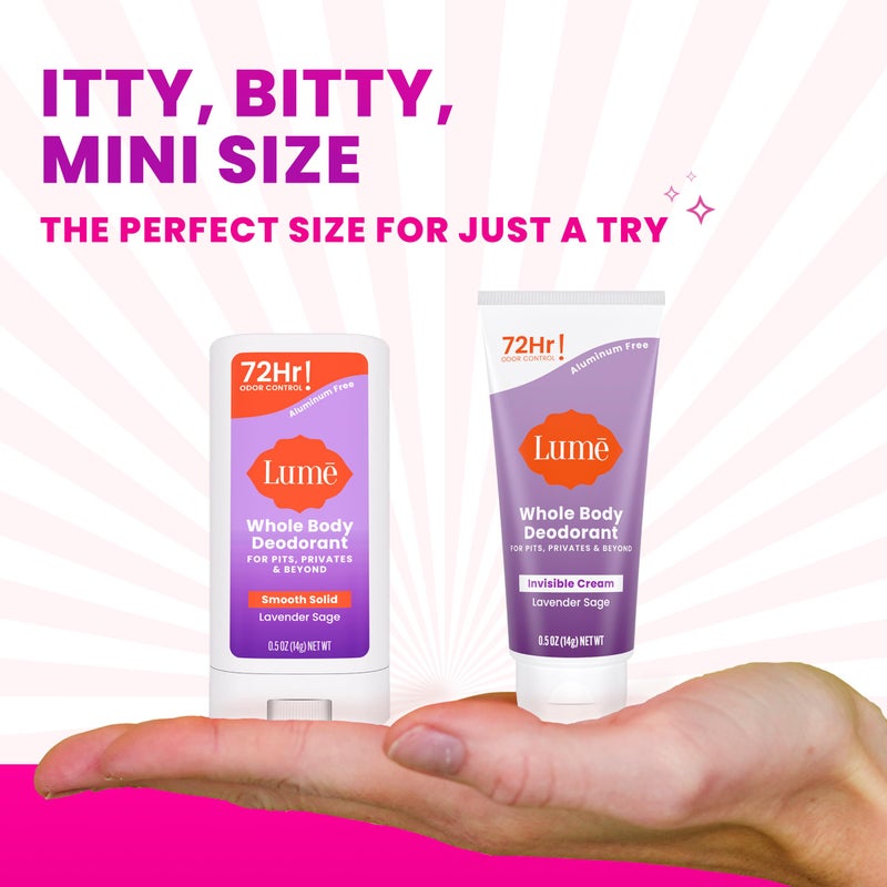 Lume Whole Body Deodorant - Invisible Cream + Solid Stick Mini Bundle - 72 Hour Odor Control - Aluminum & Baking Soda Free, Skin Loving - 0.5 Ounce Each - Travel, Trial Size Minis (Lavender Sage) - Image 2