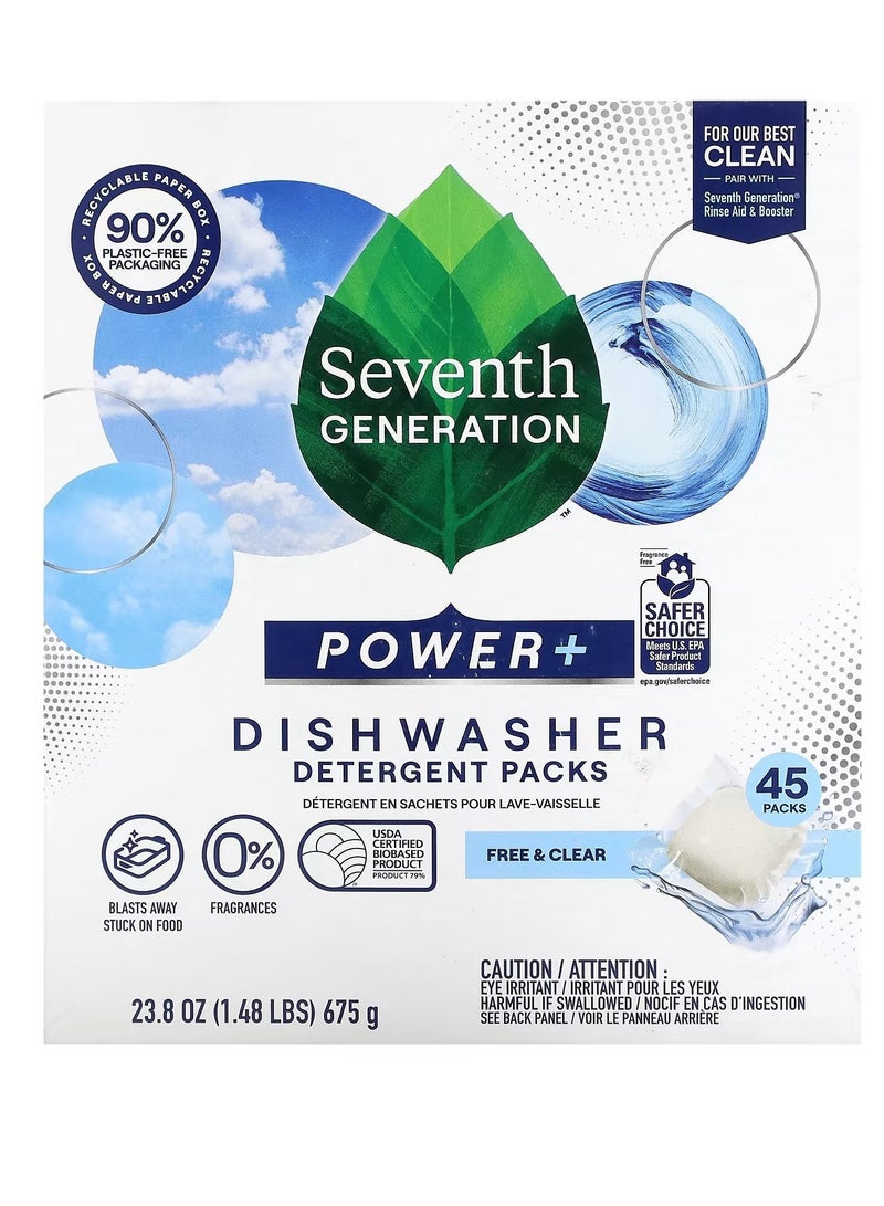 Seventh Generation Power Dishwasher Detergent Packs Free & Clear 45 Packs 23.8 oz 675 g