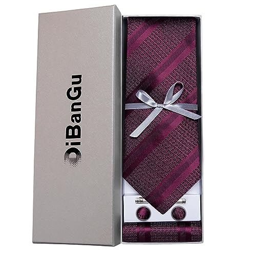 DiBanGu Mens Striped Tie Silk Woven Necktie and Pocket Square Cufflinks Tie Clip Set Wedding Business Formal, Burgundy - Image 4