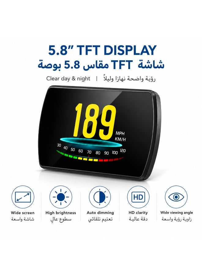 شاشة عرض رقمية للسرعة من نوع TFT مقاس 5.8 بوصة تعمل بتقنية OBD2 للسيارة — تدعم اللغة العربية - Image 2