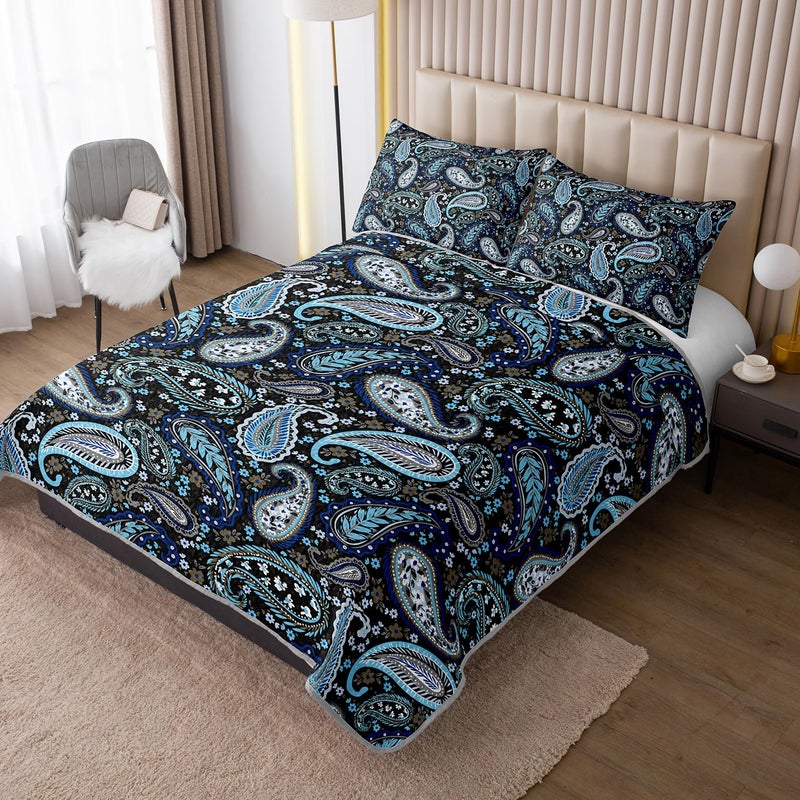 HOSIMA Blue Bohemia Style King Size Quilt Set,Lightweight Flowers Pattern Summer Quilted Floral Bedding,Soft Boho Bedding for Adults Bedroom Decor with 2 Pillowcases. - Image 2