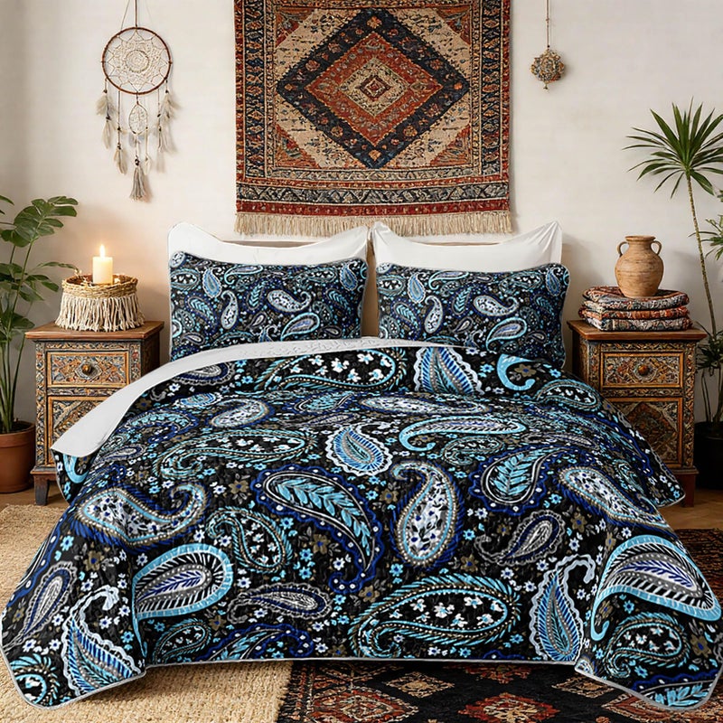 HOSIMA Blue Bohemia Style King Size Quilt Set,Lightweight Flowers Pattern Summer Quilted Floral Bedding,Soft Boho Bedding for Adults Bedroom Decor with 2 Pillowcases. - Image 1