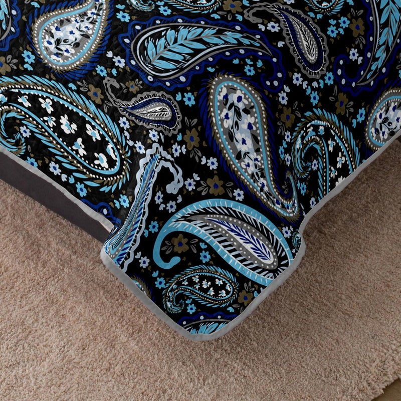 HOSIMA Blue Bohemia Style King Size Quilt Set,Lightweight Flowers Pattern Summer Quilted Floral Bedding,Soft Boho Bedding for Adults Bedroom Decor with 2 Pillowcases. - Image 4