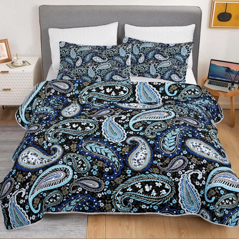 HOSIMA Blue Bohemia Style King Size Quilt Set,Lightweight Flowers Pattern Summer Quilted Floral Bedding,Soft Boho Bedding for Adults Bedroom Decor with 2 Pillowcases. - Image 3