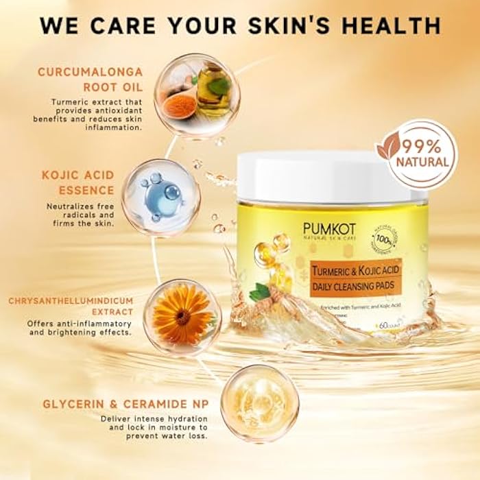 Pumkot Turmeric Kojic Acid Cleansing Pads, Turmeric Face Scrub Pads Enriched with Kojic Acid, 60PCS - Image 2