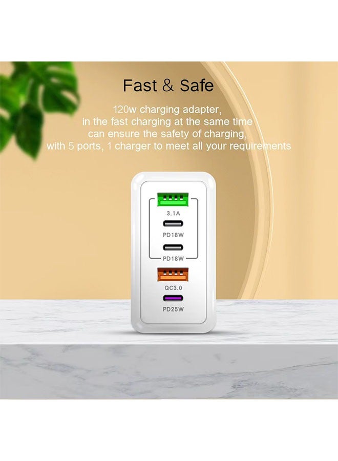 Beauenty 5 Ports Multifunctional Super Fast Charging Adapter, 120W Fast Charger Wall Plug, 2 USB and 3 PD Mobile Phone Charger Travel Power Adapter for iPhone, Samsung, Xiaomi, Airpods, White - Image 3