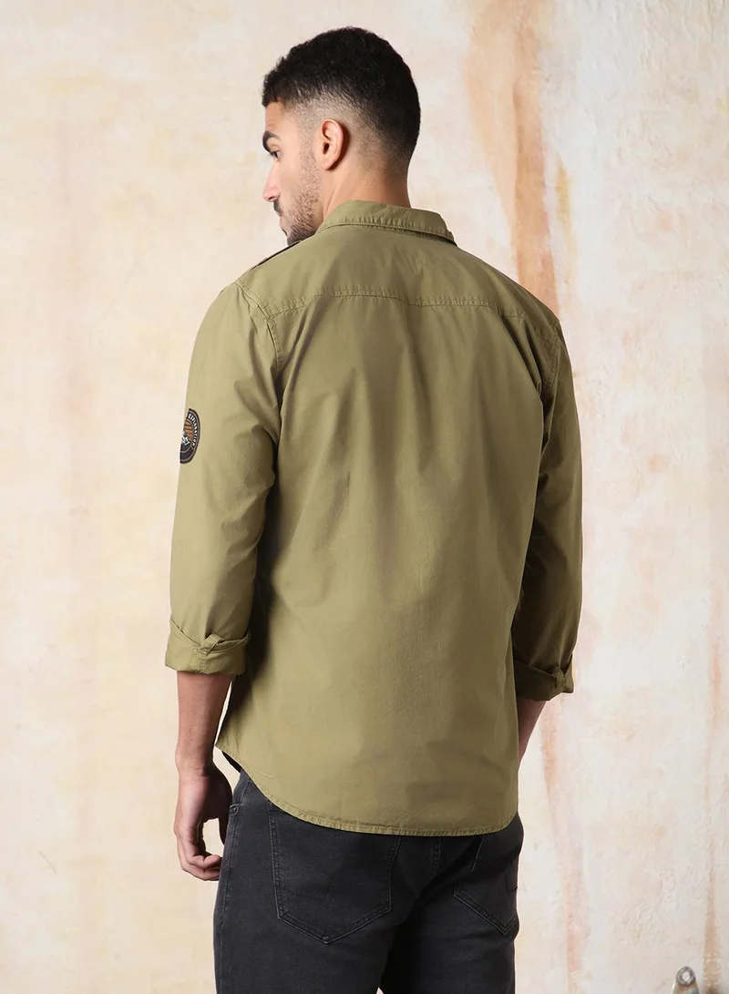 HIGH STAR Men Regular Fit Utility Heavy Washed Spread Collar Solid Cotton Casual Shirt