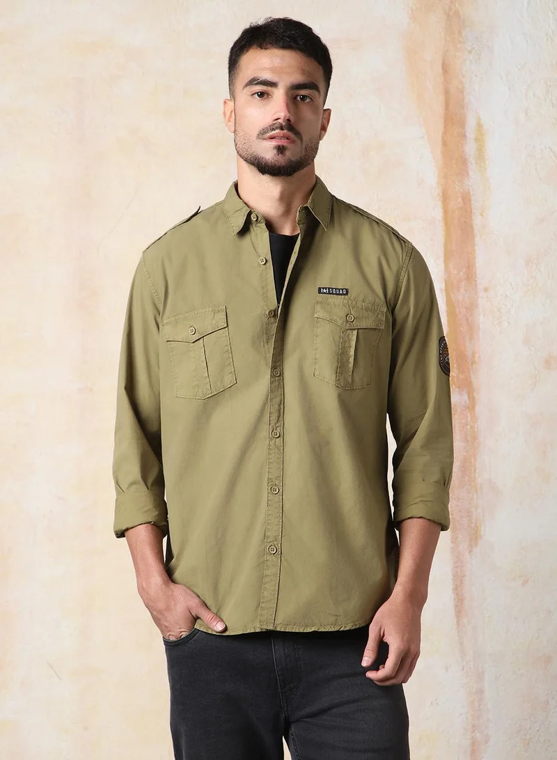HIGH STAR Men Regular Fit Utility Heavy Washed Spread Collar Solid Cotton Casual Shirt