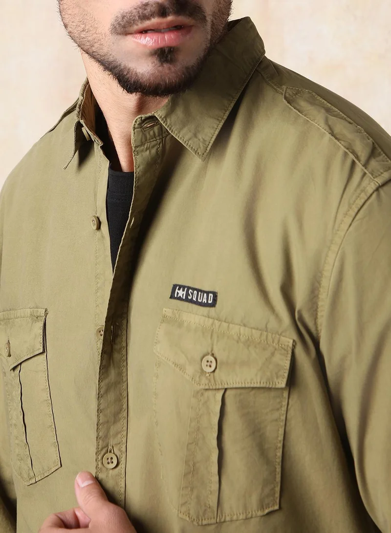 HIGH STAR Men Regular Fit Utility Heavy Washed Spread Collar Solid Cotton Casual Shirt