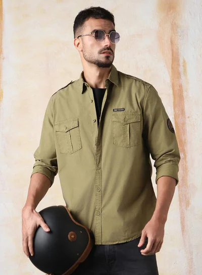 HIGH STAR Men Regular Fit Utility Heavy Washed Spread Collar Solid Cotton Casual Shirt