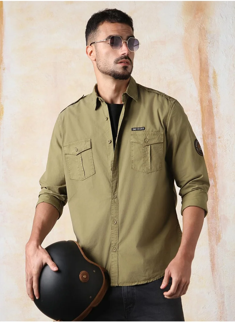 هاي ستار Men's Khaki 100% Cotton Solid Button Down Regular Fit Shirt