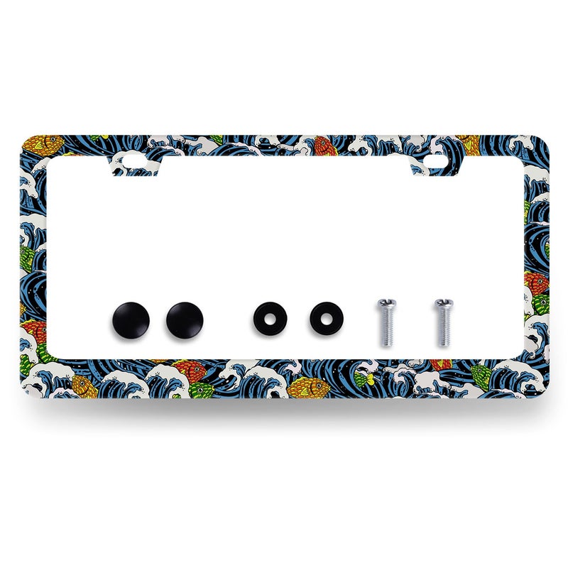 MUAWUOIK Vintage Ocean Wave License Plate Frame Waves Fish License Plate Stainless Steel Colorful Accessories Cars Decor 123 X 63 Inch with Holes and Screws Fits Standard Us Canada Vehicles - Image 3