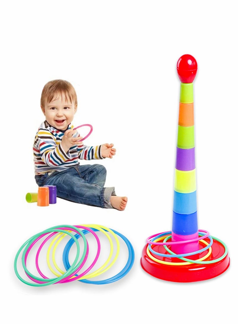 Stacking Cups Kids Ring Toss Cast Circle Sets Game, Stack Up Nesting Tower Colorful Toy Early Game Gifts, 8 Layer Rainbow Building Cup and 8 Rainbow Circles  - Image 1