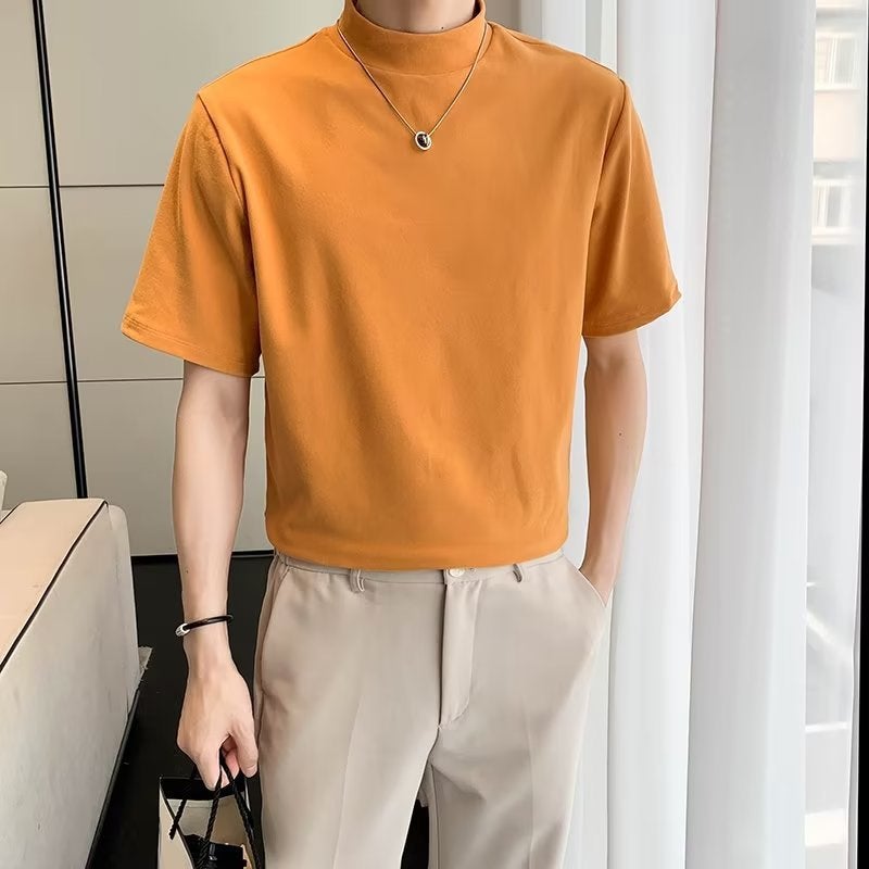 Summer Short-sleeved T-shirt Men's ins Super Popular Loose Casual Half-high Collar Half-sleeve Base Shirt Fashionable Handsome All-match Top - Image 1