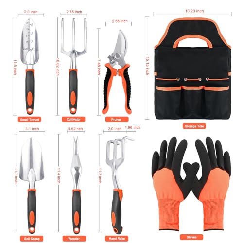 MECHEER Garden Tools Set 8 Piece Gardening Tools Set with Non Slip Ergonomic Handle Heavy Duty Garden Tool Set with Storage Bag Gardening Kit for Women Garden Hand Tools Gift for Women and Men Orange - Image 3