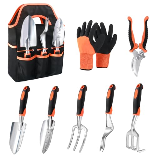 MECHEER Garden Tools Set 8 Piece Gardening Tools Set with Non Slip Ergonomic Handle Heavy Duty Garden Tool Set with Storage Bag Gardening Kit for Women Garden Hand Tools Gift for Women and Men Orange - Image 1