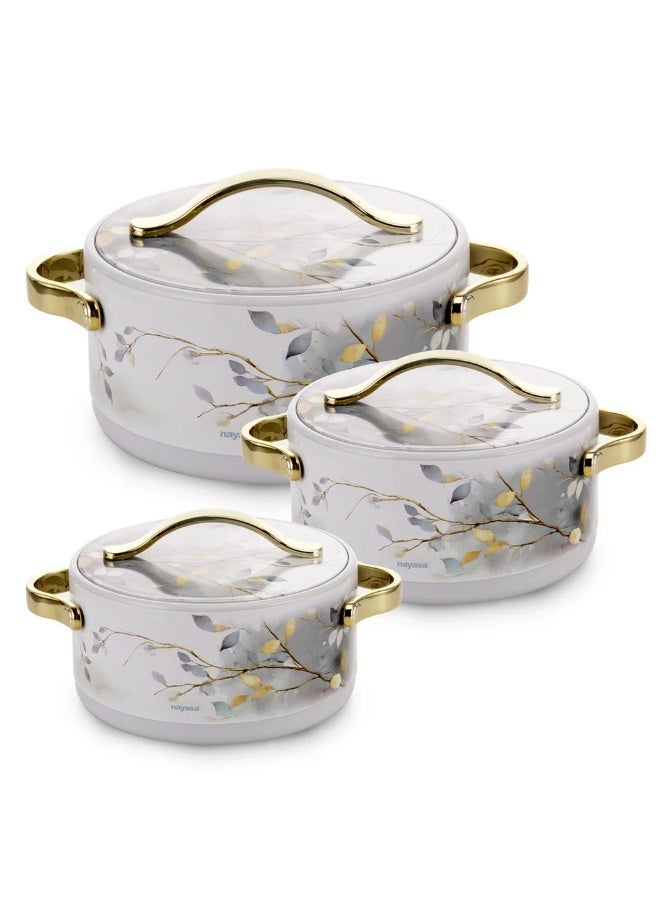 NAYASA Bethany 3-Piece Insulated Hotpot Set- 2.5L/3.5L/5L – Stainless Steel Inner, Floral Marble Design, Gold Handles – Food Warmer Casserole Set for Serving & Dining- AUTUMN(L) - Image 1