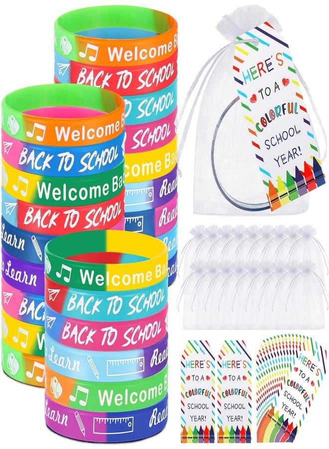 Liliful 24 Set School Rubber Bracelet Welcome Back to School Gift Set with Rubber Bracelet Organza Bags and Gift Label Tags First Day of School Classroom Gifts Goodie Bag Fillers (Dark Color) - Image 1
