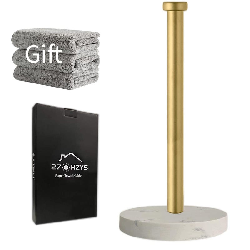 27HZYS Paper Towel Holder Countertop, Standing Paper Towel Roll Holder for Kitchen Bathroom, with Weighted Marble Base for One-Handed Operation (Gold), Gold Paper Towel Holder, Marble - Image 1