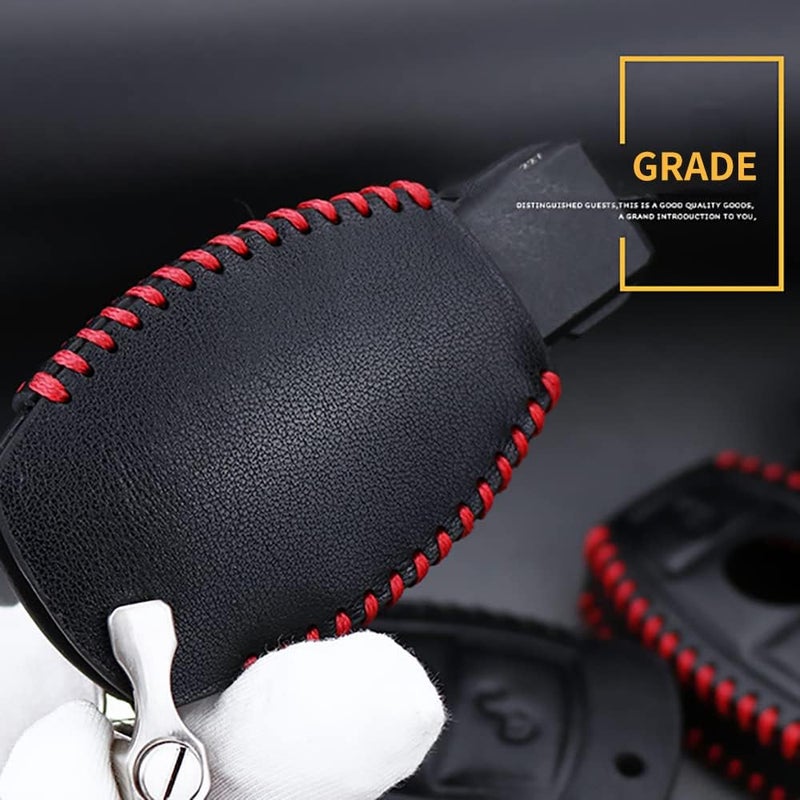 ontto Leather Car Key Fob Cover for Mercedes Benz with Keyring - 3 Buttons, Red Stitches - Image 3