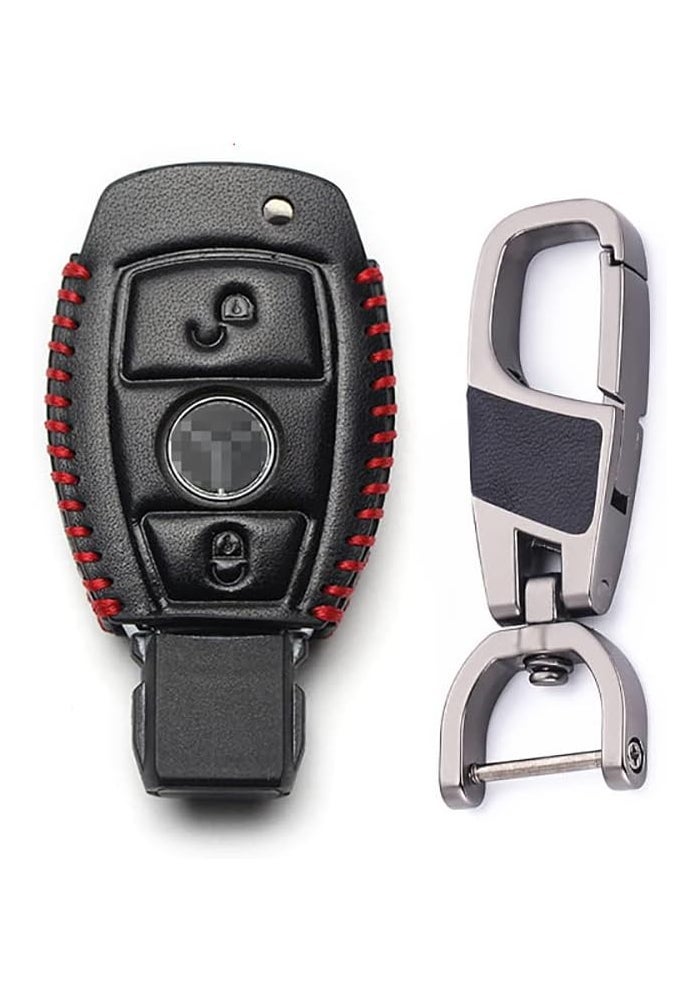 ontto Leather Car Key Fob Cover for Mercedes Benz with Keyring - 3 Buttons, Red Stitches - Image 1