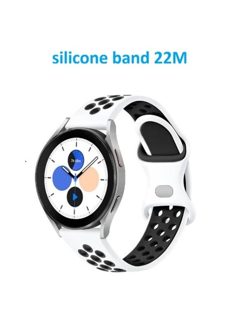 Breathable silicone watch band compatible with 22mm smartwatches - ( White / Black )