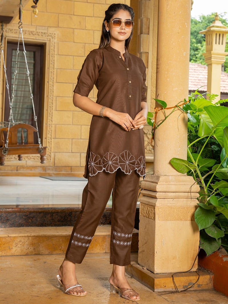 Lilots Women's Casual Slub Cotton Co-Ord Set | Fashionable Embroidered Kurta Set | 2 Piece Top Bottom Set Brown - Image 3