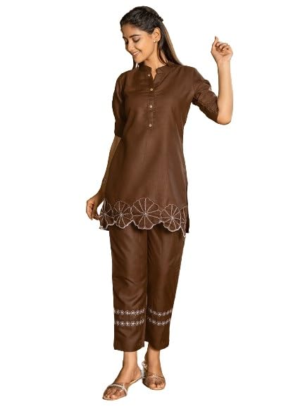 Lilots Women's Casual Slub Cotton Co-Ord Set | Fashionable Embroidered Kurta Set | 2 Piece Top Bottom Set Brown - Image 1