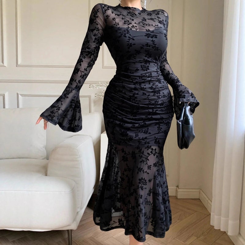 فستان سهرة نسائي أنيق بأكمام واسعة بقصة حورية البحر من الشبك بنقشة قطيفة - Image 2