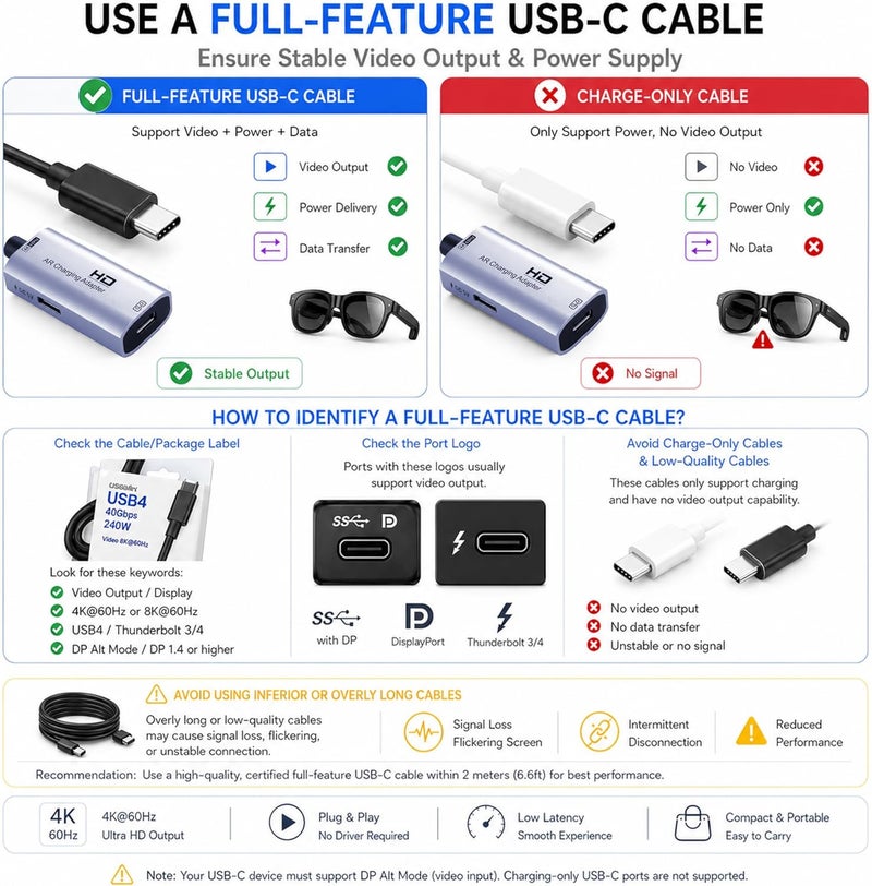 Guermok AR Glasses HDMI to USB-C Display Adapter, 4.9ft 4K@60Hz Play and Charge XR Converter with DC 5V, for XREAL One/Air 2 Pro/RayNeo/Rokid, Steam, Switch 2/1, PS5/4, Portable Monitors, Silver - Image 4