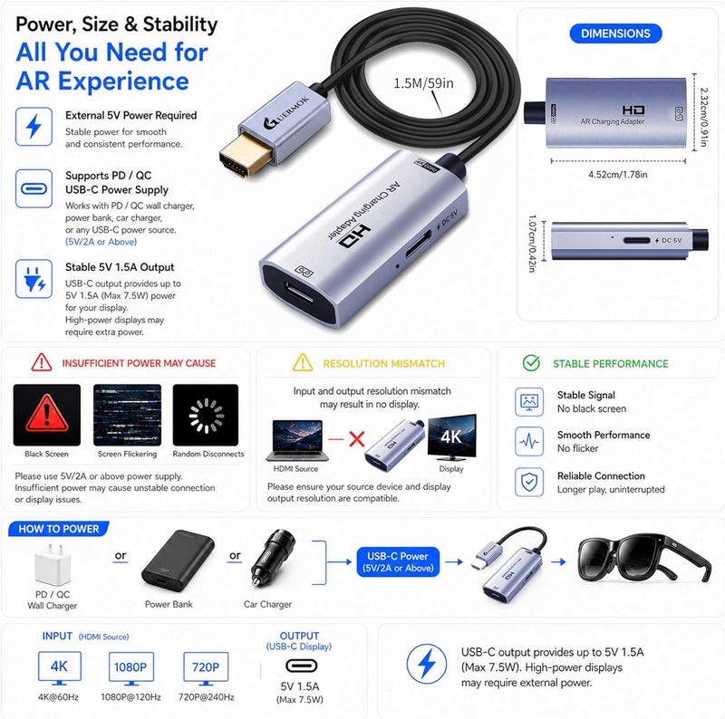 Guermok AR Glasses HDMI to USB-C Display Adapter, 4.9ft 4K@60Hz Play and Charge XR Converter with DC 5V, for XREAL One/Air 2 Pro/RayNeo/Rokid, Steam, Switch 2/1, PS5/4, Portable Monitors, Silver - Image 3