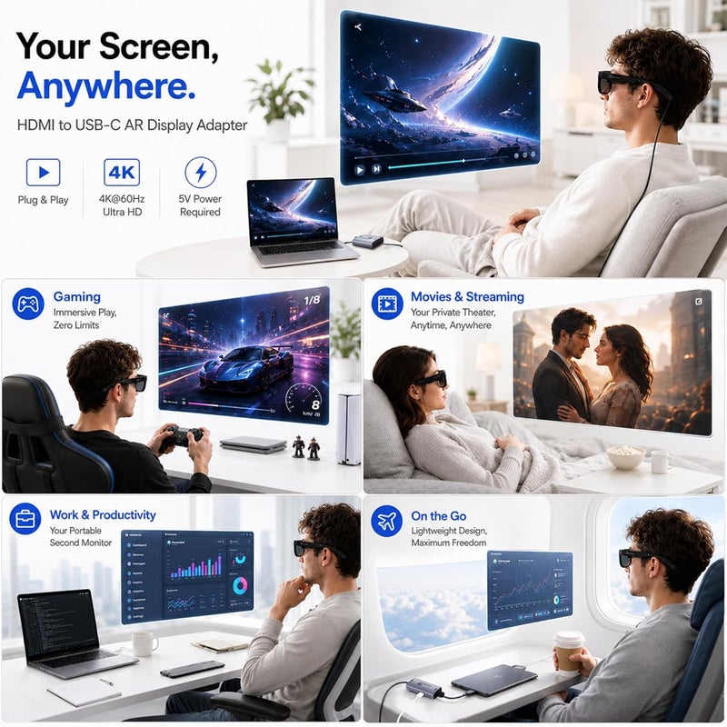 Guermok AR Glasses HDMI to USB-C Display Adapter, 4.9ft 4K@60Hz Play and Charge XR Converter with DC 5V, for XREAL One/Air 2 Pro/RayNeo/Rokid, Steam, Switch 2/1, PS5/4, Portable Monitors, Silver - Image 5