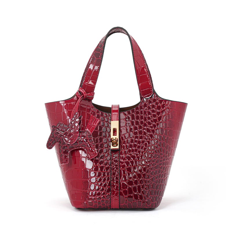 Kadynow Tote Bag for Women Vegan Leather Bucket Purse for Women Crocodile Pattern Top Handle Handbag Shoulder Bag with Detachable Small Purse Deep Red - Image 1