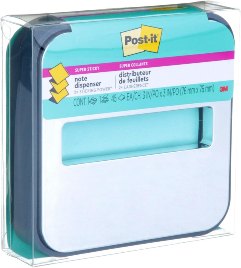 Post It Note Dispenser with Pop-up Notes, Black Base with Steel Top, 1 Aqua Splash 3 in. x 3 in. Super Sticky Note Pad, Classroom or Office Supplies - Image 3