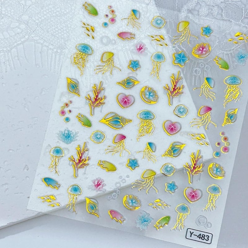 Maigitur 6Sheets Ocean Beach Nail Stickers 5D Embossed Gold Blue Starfish Seashell Nail Decals Cute Flower Butterfly Nail Designs Sring Nails Supplies 3D Self-Adhesive Nails Art Stickers for Women DIY Manicure - Image 2
