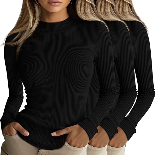Riyiper 3 Pack Womens Ribbed Shirts Mock Turtleneck Long Sleeve Tops Slim Fitted Undershirts Casual Basic Layering TeesBlackMedium - Image 1