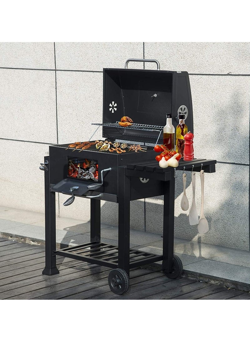 WALALLA Charcoal grill trolley charcoal tray height adjustable with wheels bottle opener stand grill barbecue grill for BBQ garden camping balcony, black - Image 5