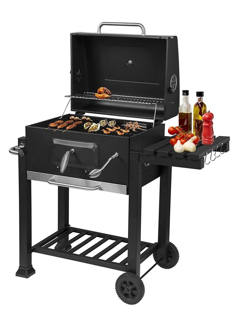 WALALLA Charcoal grill trolley charcoal tray height adjustable with wheels bottle opener stand grill barbecue grill for BBQ garden camping balcony, black - Image 2