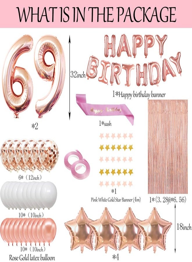 Fancypartyshop 69th Birthday Decorations - Rose Gold Happy Banner and Sash With Number 69 Balloons, Latex Confetti Balloons for Girl and Women 69 Years Old - Image 2