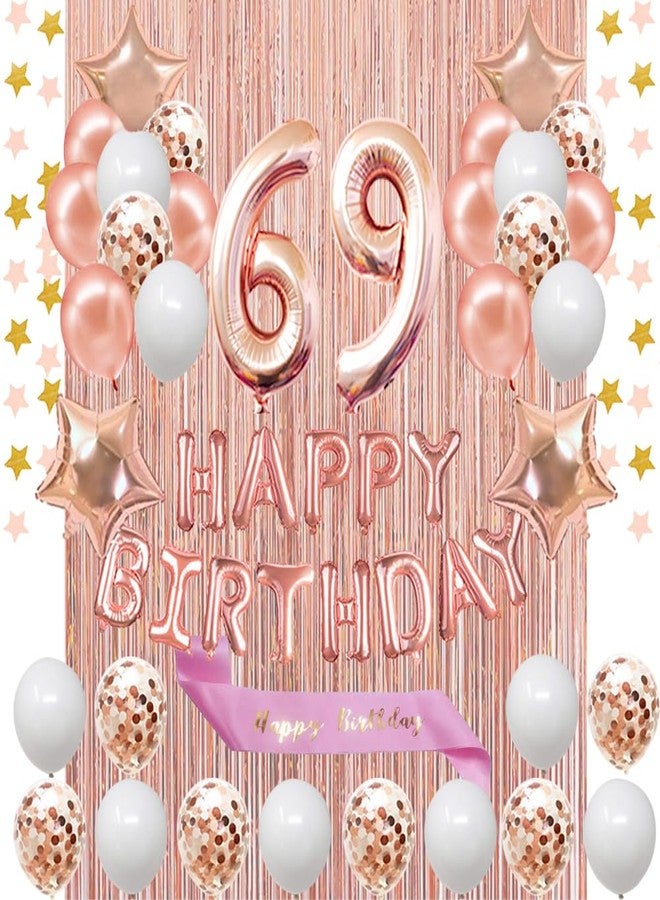 Fancypartyshop 69th Birthday Decorations - Rose Gold Happy Banner and Sash With Number 69 Balloons, Latex Confetti Balloons for Girl and Women 69 Years Old - Image 1
