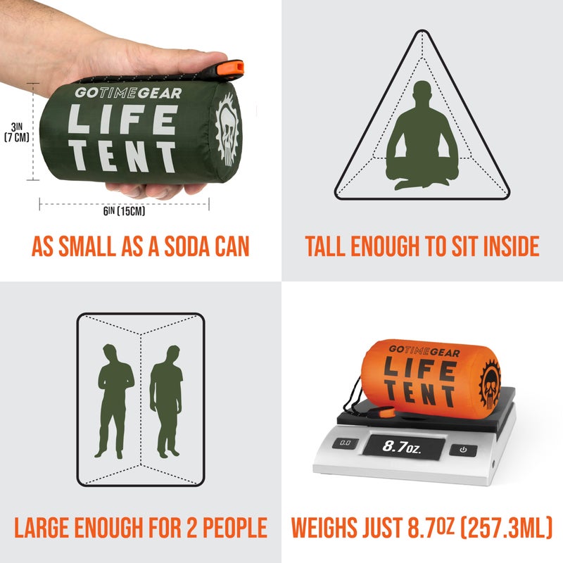 Go Time Gear Emergency Survival Tent - Reflective Heat Shield for Camping, Waterproof & Windproof Shelter for Survival Gear Kits, Paracord & 120 dB Whistle for Emergency Supplies, Green - Image 2