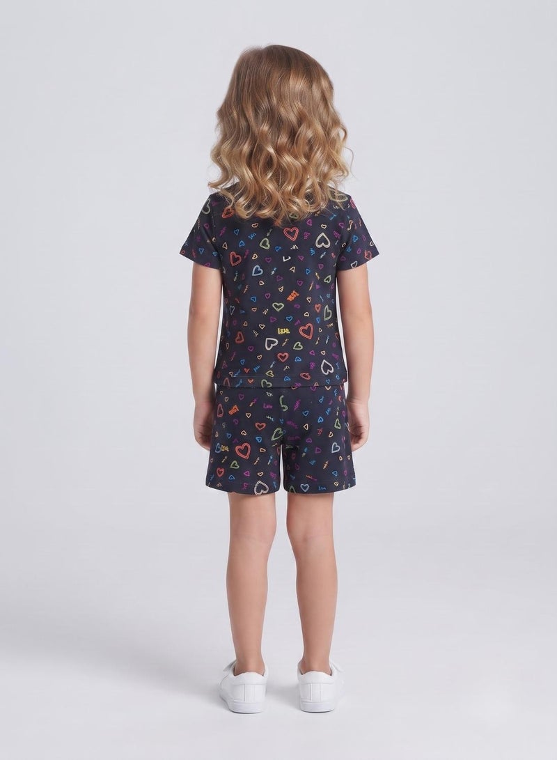 babyqlo Girls Navy Multicolor Heart Print Co-ord Set - Image 2