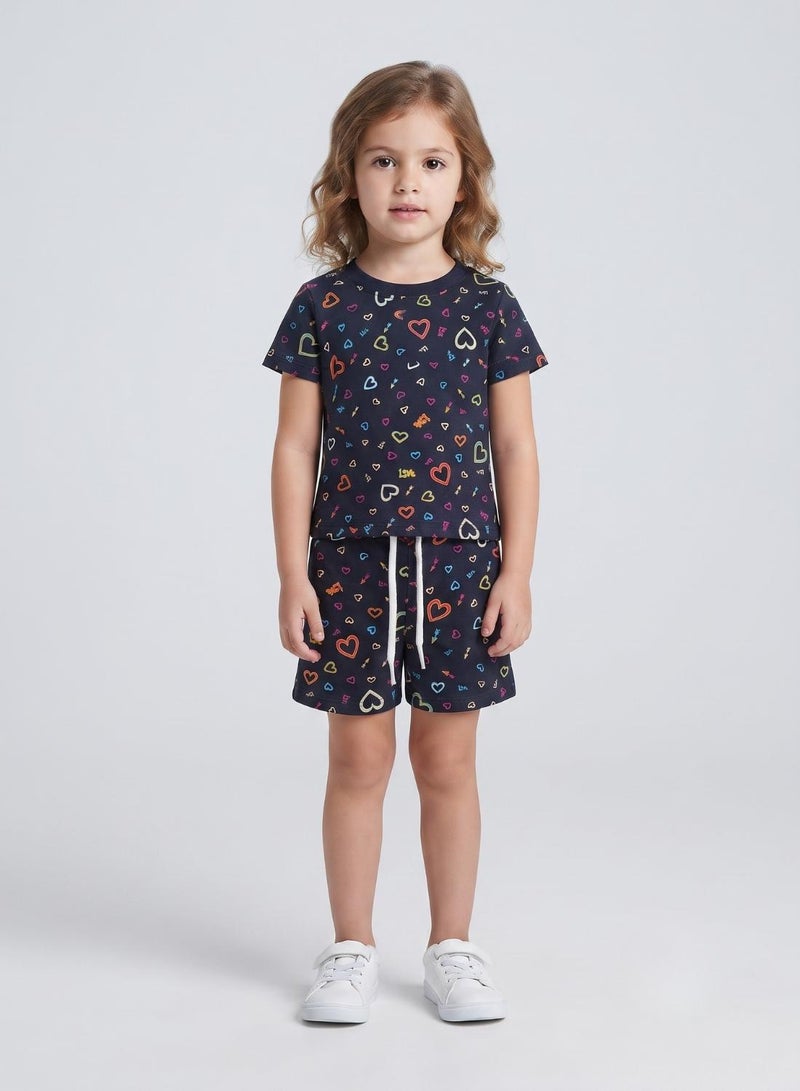 babyqlo Girls Navy Multicolor Heart Print Co-ord Set - Image 1
